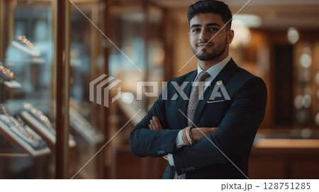 Professional portrait of confident young Middle Eastern businessman in luxury retail environment. Successful executive wearing tailored suit and designer accessories with modern corporate interior 128751285