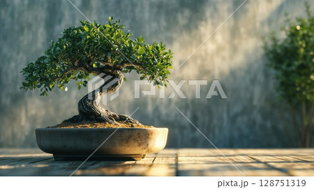 beautifully shaped bonsai tree in a minimalist pot, basking in soft sunlight on a wooden surface, symbolizing serenity, nature, and artful cultivation beautifully shaped bonsai tree in a minimalist pot, basking in soft sunlight on a wooden surface, symbolizing serenity, nature, and artful cultivation 128751319