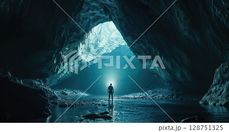 Cave Exploration Description: Mystical cave interior with a lone explorer illuminated by ethereal light streaming through. A breathtaking shot of adventure and natural beauty 128751325