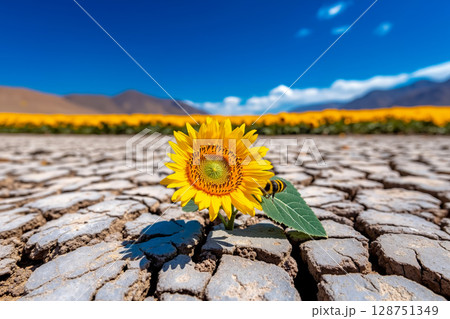 A sunflower in the middle of a dry, cracked field with a bee on it 128751349