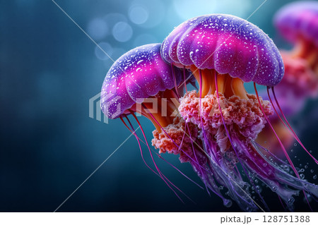 A group of jellyfish floating in the water with bubbles 128751388