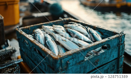 Fresh caught fish arranged in weathered blue crate at fishing dock. Industrial seafood harvest showing raw mackerel or herring in vintage container 128751389