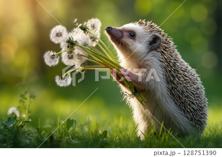 A hedgehog holding a bunch of dandelions in its mouth 128751390