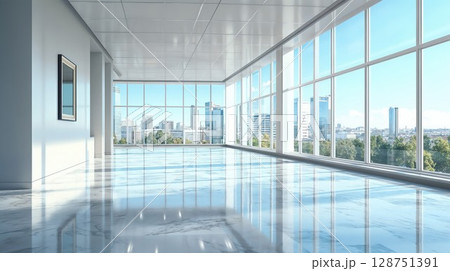 Contemporary Modern Office Space Featuring Large Windows and a Stunning Beautiful View 128751391