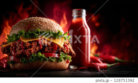 A hamburger with cheese, lettuce, tomato, and ketchup on a bun next to a bottle of ketchup 128751392