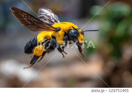 A yellow and black bee flying through the air A yellow and black bee flying through the air 128751405