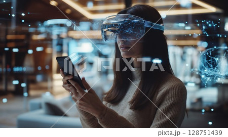Woman wearing VR headset using smartphone with augmented reality visualization. Futuristic mixed reality technology concept with holographic network elements in modern interior setting 128751439