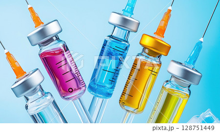 Colorful liquid drug in syringe medicine. 128751449