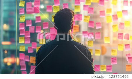 Businessman analyzing strategy board with colorful sticky notes in modern office. Project management and business planning concept with pink and yellow post-it notes on glass wall 128751493