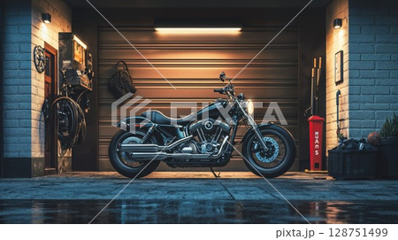 Classic black motorcycle parked in industrial garage with dramatic lighting. Vintage custom bike against metal door with warm evening illumination and urban workshop atmosphere 128751499