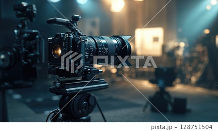 Professional cinema camera mounted on tripod in dimly lit studio setting. High-end filmmaking equipment with telephoto lens captured with atmospheric lighting and shallow depth of field Professional cinema camera mounted on tripod in dimly lit studio setting. High-end filmmaking equipment with telephoto lens captured with atmospheric lighting and shallow depth of field 128751504