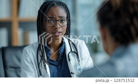A doctor with a stethoscope is talking to a patient A doctor with a stethoscope is talking to a patient 128751512