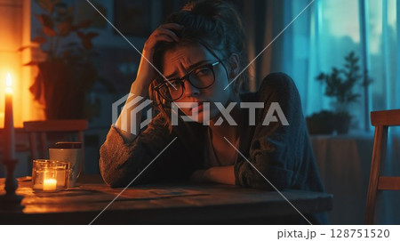 Young woman with glasses in moody evening lighting, looking stressed with hand on head. Atmospheric portrait capturing emotional exhaustion by candlelight 128751520