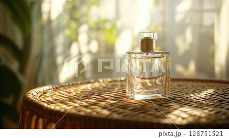 Elegant perfume bottle on woven rattan surface in soft natural sunlight. Luxury beauty product photography with organic shadow patterns 128751521