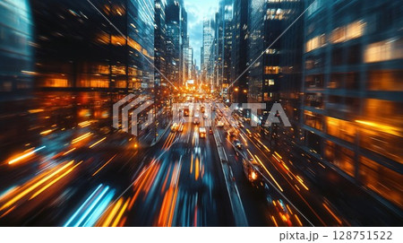 Dynamic urban nightscape with motion-blurred traffic lights and towering skyscrapers. Modern cityscape capturing speed and energy through long exposure photography 128751522