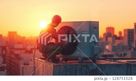 HVAC technician servicing air conditioning unit on rooftop at sunset. Industrial maintenance worker repairing equipment against urban skyline 128751528