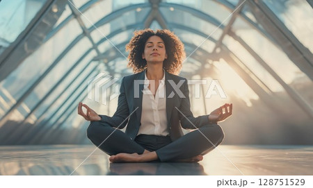 Serene businesswoman practicing meditation in modern office setting during sunrise. Professional in formal suit finding zen moment in corporate environment with geometric glass architecture background 128751529