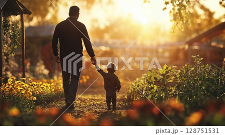 Father and toddler walking together in garden during golden sunset hour. Heartwarming silhouette of parent and child holding hands among blooming flowers, capturing precious family moment 128751531