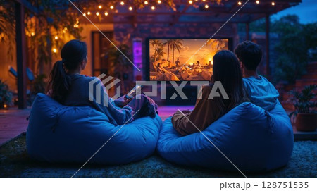 Friends enjoying outdoor movie night in backyard with comfortable bean bags under string lights. Cozy garden cinema setup with portable screen showing tropical sunset scene in ambient evening 128751535