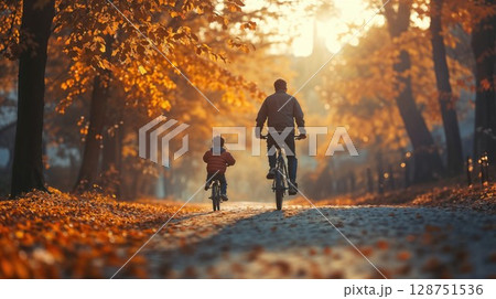 Father and son cycling together on autumn path surrounded by golden foliage. Beautiful fall scene with parent and child bonding during bike ride through park with sunlit trees 128751536