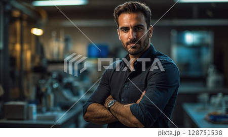 Confident professional businessman in dark shirt photographed in modern office environment. Dramatic corporate portrait with moody lighting captures leadership and success in contemporary workplace Confident professional businessman in dark shirt photographed in modern office environment. Dramatic corporate portrait with moody lighting captures leadership and success in contemporary workplace 128751538