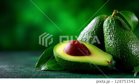 A half of an avocado with a red fruit on top of it 128751541
