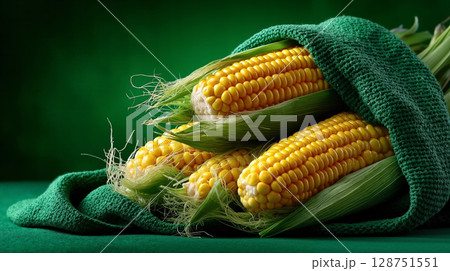 A bunch of corn on the cob wrapped in a green cloth 128751551
