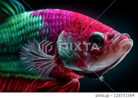 A close up of a red and green fish with a black background 128751564