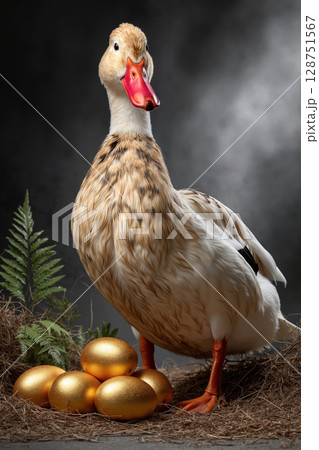 A duck standing next to a pile of gold eggs 128751567