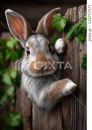 A rabbit peeking out from behind a wooden fence 128751571