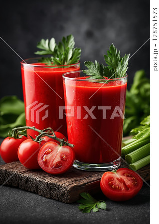 A glass of tomato juice next to a bunch of tomatoes and celery 128751573