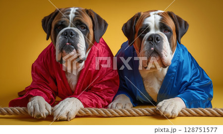 Two dogs in red and blue robes sitting on a rope 128751577