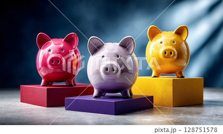 Three colorful piggy banks sitting on top of each other on a pedestal 128751578