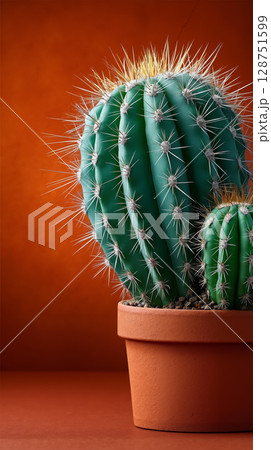 A small cactus in a pot on a red surface 128751599