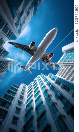 A large passenger jet flying over a tall building 128751604