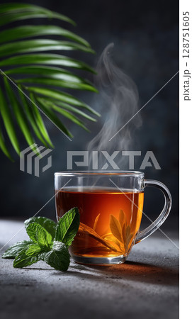 A cup of tea with steam coming out of it next to a green leaf 128751605