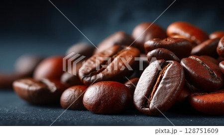 A pile of coffee beans on a black surface 128751609