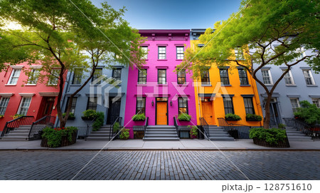 A row of colorful houses on a city street 128751610