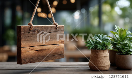 A wooden sign hanging from a rope next to two potted plants 128751611