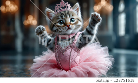 A kitten in a pink tutu and a tia is dancing 128751619