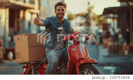 Cheerful delivery man riding a bright red scooter, holding a thumbs-up gesture, with a package secured behind him, radiating positivity in a lively urban setting 128751639