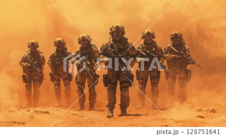 A group of soldiers is standing in a straight line in the hot desert A group of soldiers is standing in a straight line in the hot desert 128751641