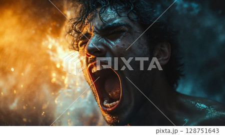 Closeup of a man passionately screaming with his mouth open 128751643