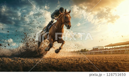 Dynamic shot of horse racing action with jockey and thoroughbred at full gallop, kicking up dirt on racetrack. Dramatic sunset and grandstand create perfect sports photography moment 128751650
