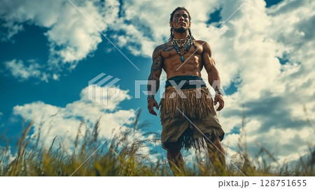 powerful tribal warrior with traditional tattoos and natural attire, standing tall in a grassy field under a blue sky filled with white clouds, exuding strength and heritage 128751655