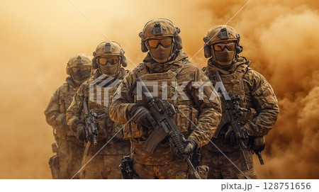 A team of armed soldiers in tactical gear stands ready in a smoky battlefield, showcasing determination, discipline, and military preparedness. 128751656