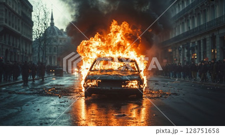 One day, a car catches fire in the city Paris 128751658