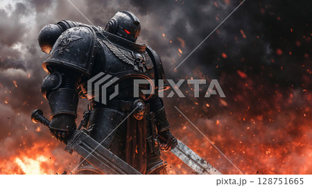 Armored warrior stands strong amidst swirling flames and thick smoke, evoking immense power and intensity Armored warrior stands strong amidst swirling flames and thick smoke, evoking immense power and intensity 128751665