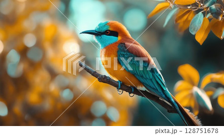 European bee-eater bird perched on branch showcasing vibrant turquoise and orange plumage against blurred nature background. Stunning wildlife photography with complementary color palette 128751678