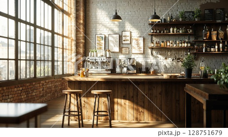 Rustic coffee bar interior with wooden counter, exposed brick walls and warm sunlight streaming through industrial windows. Modern vintage aesthetic combines artisanal charm with urban style 128751679